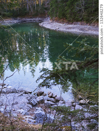 Serene forest pond reflecting greenery during early morning light in a tranquil natural setting Serene forest pond reflecting greenery during early morning light in a tranquil natural setting 132648279