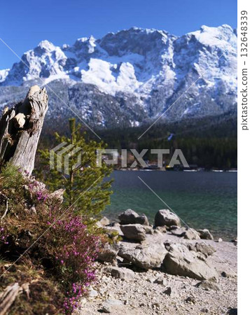 Beautiful mountain landscape with a clear lake and lush vegetation under a bright blue sky Beautiful mountain landscape with a clear lake and lush vegetation under a bright blue sky 132648339