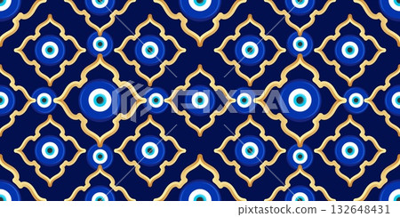 Evil eye Greek seamless pattern. Vector background with blue beads. Turkish nazar - ethnic symbol of protection energy and luck. Mystic amulet with golden ornament. Cute Arabic design Evil eye Greek seamless pattern. Vector background with blue beads. Turkish nazar - ethnic symbol of protection energy and luck. Mystic amulet with golden ornament. Cute Arabic design 132648431