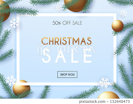Christmas sale poster template with Christmas ornaments,  snowflakes and fir branches. 132648473
