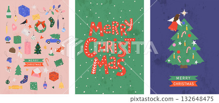 Merry Christmas and Happy New Year. Christmas tree and decorations. Hand drawn quote for print, cards, decoration, seasonal design. 132648475