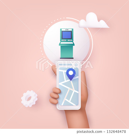 3D Web Vector Illustrations. Hand holding mobile smart phone with mobile app atm search. 3D Web Vector Illustrations. Hand holding mobile smart phone with mobile app atm search. 132648478