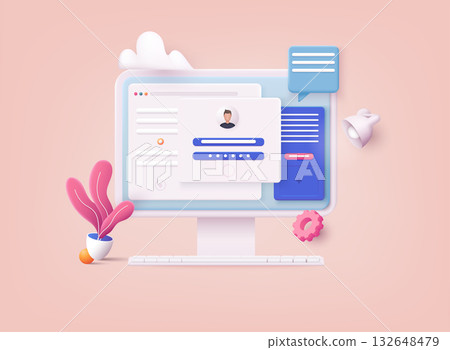 3D Web Vector Illustrations. Computer and account login and password form page on screen. Sign in to account, user authorization, login authentication page concept. Username, password fields. 3D Web Vector Illustrations. Computer and account login and password form page on screen. Sign in to account, user authorization, login authentication page concept. Username, password fields. 132648479