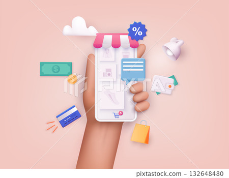 3D Web Vector Illustrations. Hand holding mobile smart phone with shopp app. Online shopping concept. 3D Web Vector Illustrations. Hand holding mobile smart phone with shopp app. Online shopping concept. 132648480