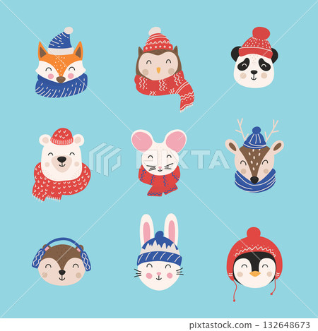 Cartoon cute animals with Christmas hats and scarfs. Merry Christmas. Hand drawn characters. Vector illustration. Cartoon cute animals with Christmas hats and scarfs. Merry Christmas. Hand drawn characters. Vector illustration. 132648673