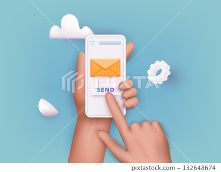 3D Web Vector Illustrations. Hand holding mobile smart phone with mail app. Mail service concept. 3D Web Vector Illustrations. Hand holding mobile smart phone with mail app. Mail service concept. 132648674