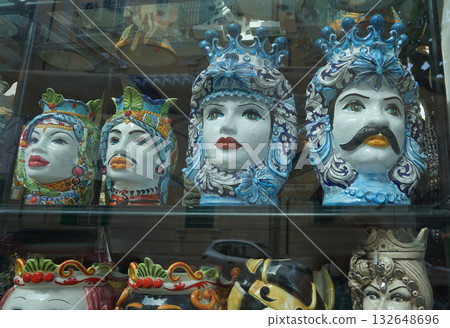 Sicilian traditional ceramics. Plate, dish, bowl, vase. Italy. Sicily. Palermo Sicilian traditional ceramics. Plate, dish, bowl, vase. Italy. Sicily. Palermo 132648696