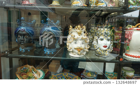 Sicilian traditional ceramics. Plate, dish, bowl, vase. Italy. Sicily. Palermo 132648697