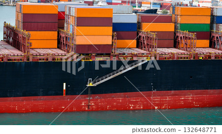 Barcelona, Spain - Cargo containers stored on the cargo ships. 132648771