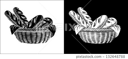 Woodcut Basket of Bread Loaves Illustration 132648788
