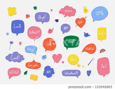 Colorful questions speech bubbles set in flat design with short messages. Colorful questions speech bubbles set in flat design with short messages. 132648865