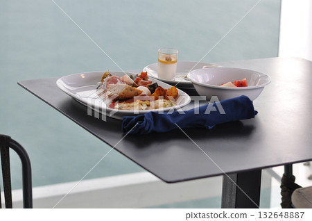 Dining Room Buffet aboard the abstract luxury cruise ship. Healthy breakfast at modern liner concept Dining Room Buffet aboard the abstract luxury cruise ship. Healthy breakfast at modern liner concept 132648887