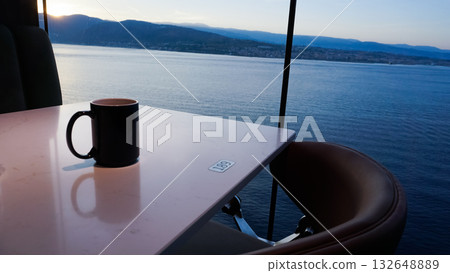 Dining Room Buffet aboard the abstract luxury cruise ship. Healthy breakfast at modern liner concept - - empty table 132648889
