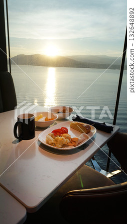 Dining Room Buffet aboard the abstract luxury cruise ship. Healthy breakfast at modern liner concept 132648892