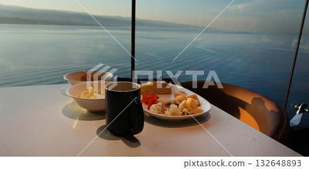 Dining Room Buffet aboard the abstract luxury cruise ship. Healthy breakfast at modern liner concept Dining Room Buffet aboard the abstract luxury cruise ship. Healthy breakfast at modern liner concept 132648893