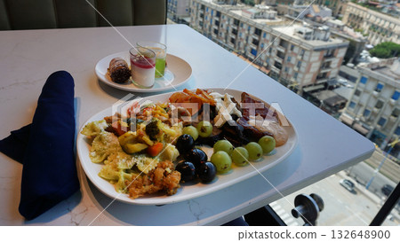 Dining Room Buffet aboard the abstract luxury cruise ship. Healthy breakfast at modern liner concept 132648900