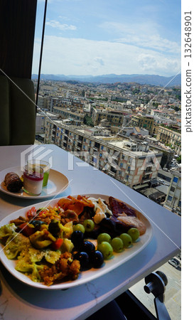 Dining Room Buffet aboard the abstract luxury cruise ship. Healthy breakfast at modern liner concept 132648901
