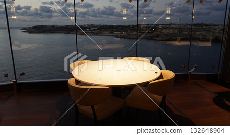 Dining Room Buffet aboard the abstract luxury cruise ship. Healthy breakfast at modern liner concept - - empty table 132648904