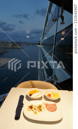 Dining Room Buffet aboard the abstract luxury cruise ship. Healthy breakfast at modern liner concept Dining Room Buffet aboard the abstract luxury cruise ship. Healthy breakfast at modern liner concept 132648907
