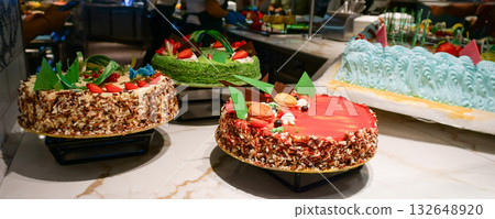 Dining Room Buffet aboard the abstract luxury cruise ship. Selective focus. Sweet cakes Dining Room Buffet aboard the abstract luxury cruise ship. Selective focus. Sweet cakes 132648920