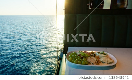 Dining Room Buffet aboard the abstract luxury cruise ship. Healthy breakfast at modern liner concept 132648941