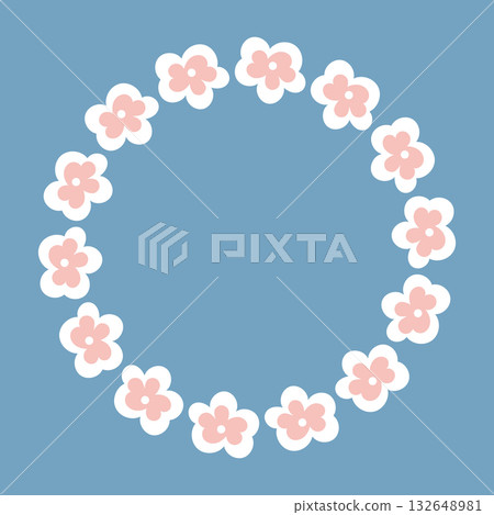 Round floral frame with pink flowers on blue background Round floral frame with pink flowers on blue background 132648981