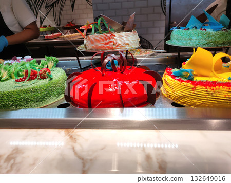 Dining Room Buffet aboard the abstract luxury cruise ship. Selective focus. Sweet cakes Dining Room Buffet aboard the abstract luxury cruise ship. Selective focus. Sweet cakes 132649016