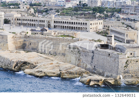 Aerial view of Fort Ricasoli East Breakwater. Waves, Mediterranean sea. Malta island 132649031