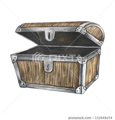 An empty open chest. Hand-drawn watercolor illustrations. Color image. Isolate. For decorating children s games and holidays. For stickers, invitation cards, posters and banners, packaging and more. An empty open chest. Hand-drawn watercolor illustrations. Color image. Isolate. For decorating children s games and holidays. For stickers, invitation cards, posters and banners, packaging and more. 132649254