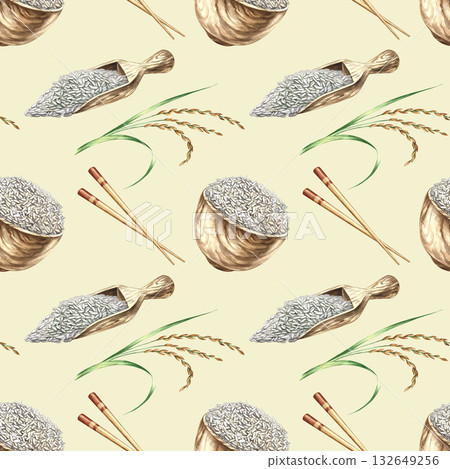 Seamless pattern of rice stalks, Chinese chopsticks, wooden rice bowls, and wooden scoops. Hand-drawn watercolor illustration. Design element for labels, menus, recipes, and cookbooks, packaging. Seamless pattern of rice stalks, Chinese chopsticks, wooden rice bowls, and wooden scoops. Hand-drawn watercolor illustration. Design element for labels, menus, recipes, and cookbooks, packaging. 132649256