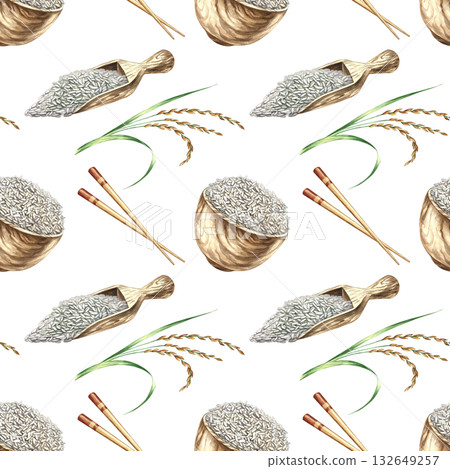 Seamless pattern of rice stalks, Chinese chopsticks, wooden rice bowls, and wooden scoops. Hand-drawn watercolor illustration. Design element for labels, menus, recipes, and cookbooks, packaging. Seamless pattern of rice stalks, Chinese chopsticks, wooden rice bowls, and wooden scoops. Hand-drawn watercolor illustration. Design element for labels, menus, recipes, and cookbooks, packaging. 132649257