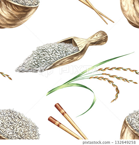 Seamless pattern of rice stalks, Chinese chopsticks, wooden rice bowls, and wooden scoops. Hand-drawn watercolor illustration. Design element for labels, menus, recipes, and cookbooks, packaging. Seamless pattern of rice stalks, Chinese chopsticks, wooden rice bowls, and wooden scoops. Hand-drawn watercolor illustration. Design element for labels, menus, recipes, and cookbooks, packaging. 132649258