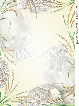 Frame with rice stalks and piles of rice. Hand-drawn watercolor illustration. Design element for menus, recipes, and cookbooks. For banners, flyers, packaging, labels, and more. Frame with rice stalks and piles of rice. Hand-drawn watercolor illustration. Design element for menus, recipes, and cookbooks. For banners, flyers, packaging, labels, and more. 132649259