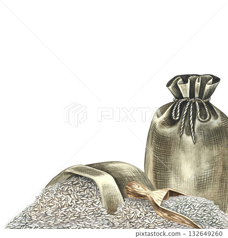 Corner frame with a picture of rice. Hand-drawn watercolor illustration. Rice in burlap bags and a wooden measuring scoop. Design element for menus, recipes, and cookbooks. Corner frame with a picture of rice. Hand-drawn watercolor illustration. Rice in burlap bags and a wooden measuring scoop. Design element for menus, recipes, and cookbooks. 132649260