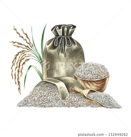 Composition depicting rice. Hand-drawn watercolor illustration. Rice in a wooden bowl with rice bags, a scoop, and rice stalks. Element of menu design, recipes, and cookbook 132649262