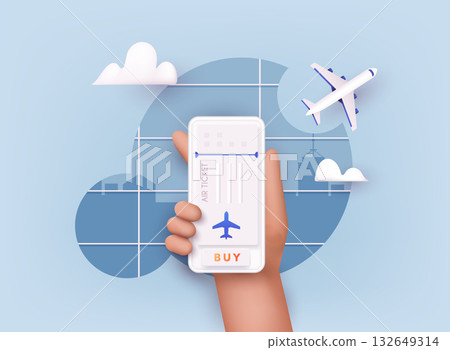 Online ticket concept. Buying tickets with smartphone. Traveling on airplane, planning a summer vacation, tourism. 132649314
