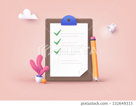 Checklist on a clipboard paper. Successful completion of business tasks. 3D Web Vector Illustrations. 132649315