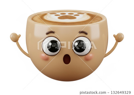 Cute Latte Cup Character with Happy Expression and Latte Art 132649329