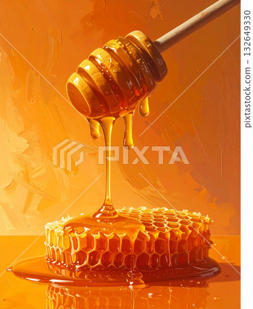 Sweet bliss of honey dipper and honeycomb dripping with honey on an orange background Sweet bliss of honey dipper and honeycomb dripping with honey on an orange background 132649330