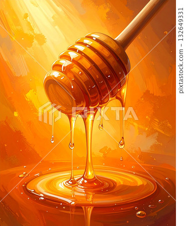Sweet bliss of honey dipper and honeycomb dripping with honey on an orange background 132649331