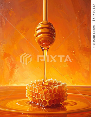Sweet bliss of honey dipper and honeycomb dripping with honey on an orange background Sweet bliss of honey dipper and honeycomb dripping with honey on an orange background 132649332
