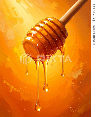 Sweet bliss of honey dipper and honeycomb dripping with honey on an orange background 132649333