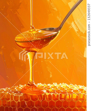 蜂蜜湯匙和滴著蜂蜜的蜂巢，在橘色的背景下，呈現出甜蜜的幸福感。 132649337