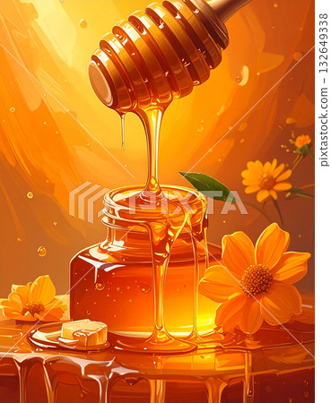 蜂蜜湯匙和滴著蜂蜜的蜂巢,在橘色的背景下,呈現出甜蜜的幸福感。 蜂蜜湯匙和滴著蜂蜜的蜂巢,在橘色的背景下,呈現出甜蜜的幸福感。 132649338