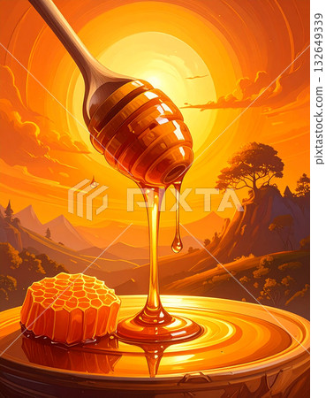 Sweet bliss of honey dipper and honeycomb dripping with honey on an orange background Sweet bliss of honey dipper and honeycomb dripping with honey on an orange background 132649339