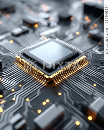 Close up of a computer chip on a glossy reflective base, glowing circuits around it, high contrast lighting 132649354