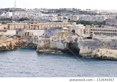 Aerial view of Fort Ricasoli East Breakwater. Waves, Mediterranean sea. Malta island 132649367