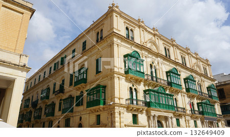 View of old building with windows, balconies in city. Republic of Malta, the picturesque city of Valetta, Malta. 132649409