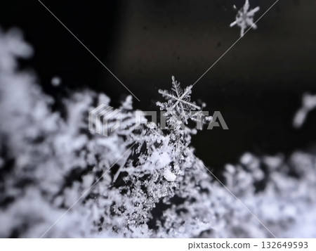 Perfect Six-Pointed Snowflake Crystal Macro Against Dark Background 132649593