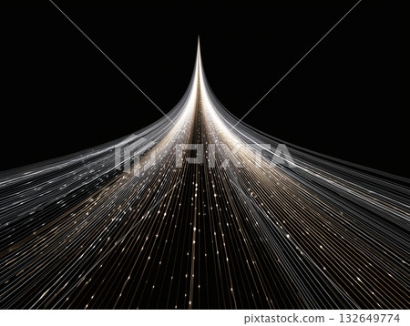 A futuristic and abstract black background design with light trails converging to a single point 132649774